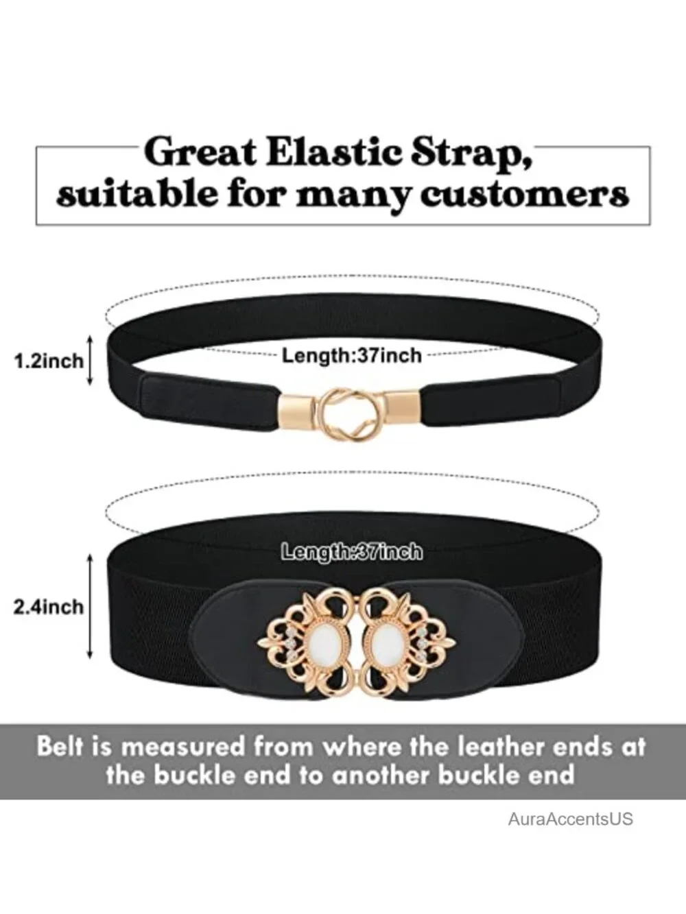 4 Stretchy Plus Size Waist Belts with Elastic Band Faux Leather Metal Buckle